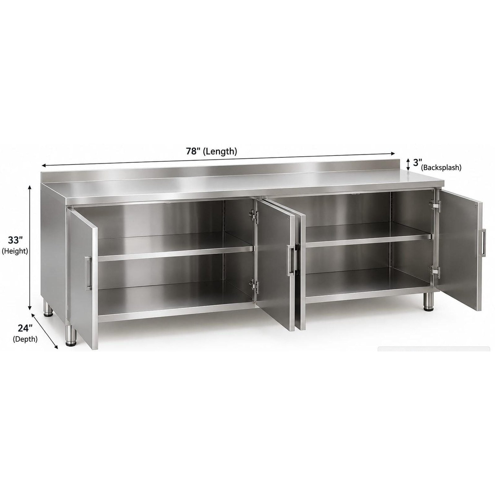 Stainless steel cupboard with middle shelf and three open doors
